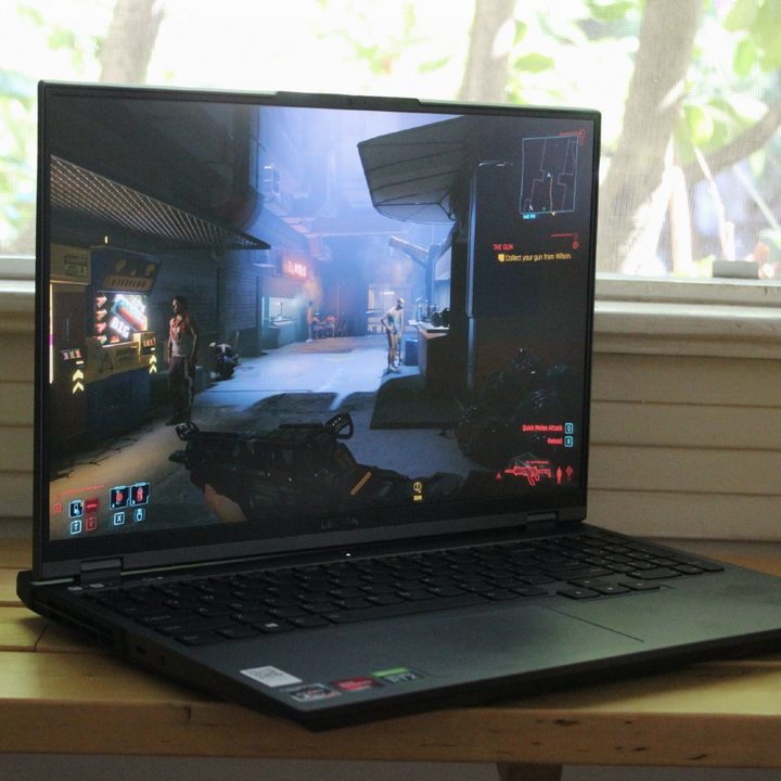 Lenovo gaming laptop on counter.