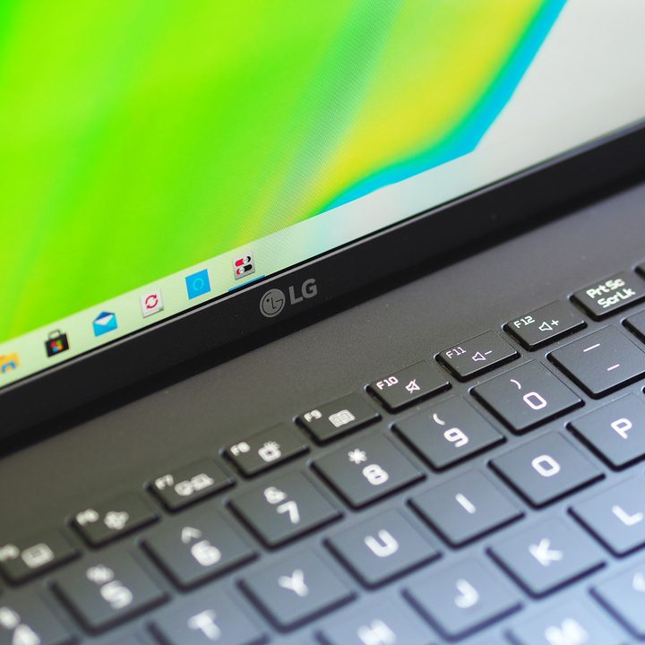A close-up view of the LG Gram 17's keyboard and logo centered under the display.