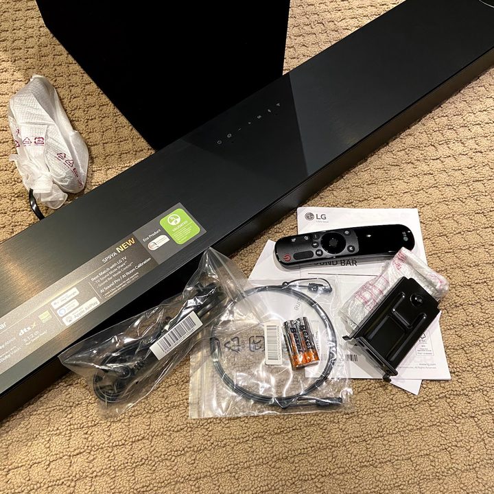 LG SP9YA Dolby Atmos soundbar box contents.