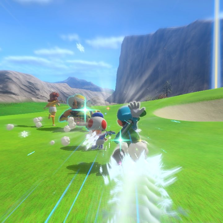 Characters running in Mario Golf: Super Rush's Speed Golf mode.