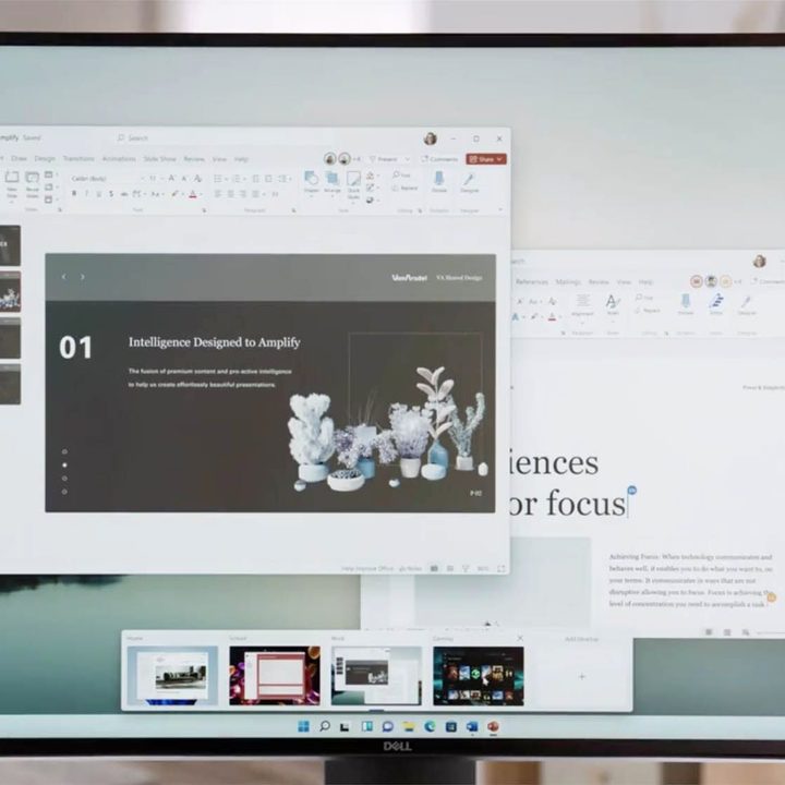 A Dell display showcasing the new custom desktops in Windows 11.