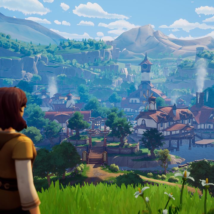 A character looks out over a village in Palia.