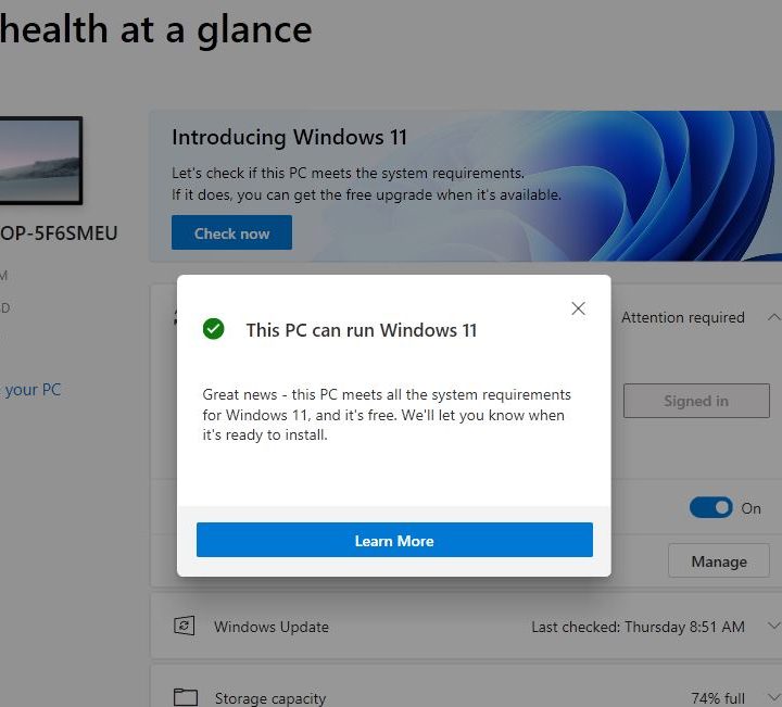 PC health check Windows 10.