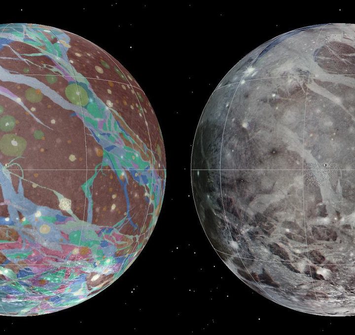 Left to right: The mosaic and geologic maps of Jupiter&rsquo;s moon Ganymede were assembled incorporating the best available imagery from NASA&rsquo;s Voyager 1 and 2 spacecraft and NASA&rsquo;s Galileo spacecraft.