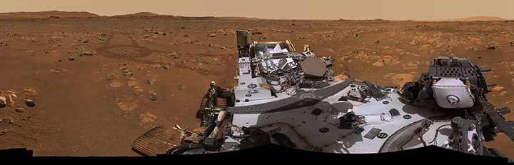 Perseverance’s Mastcam-Z imaging system captured this 360-degree panorama at “Van Zyl Overlook,” where the rover parked during Ingenuity helicopter’s first flights. The 2.4-billion-pixel panorama consists of 992 images stitched together.