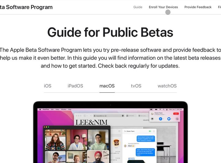 Apple's public beta software webpage.