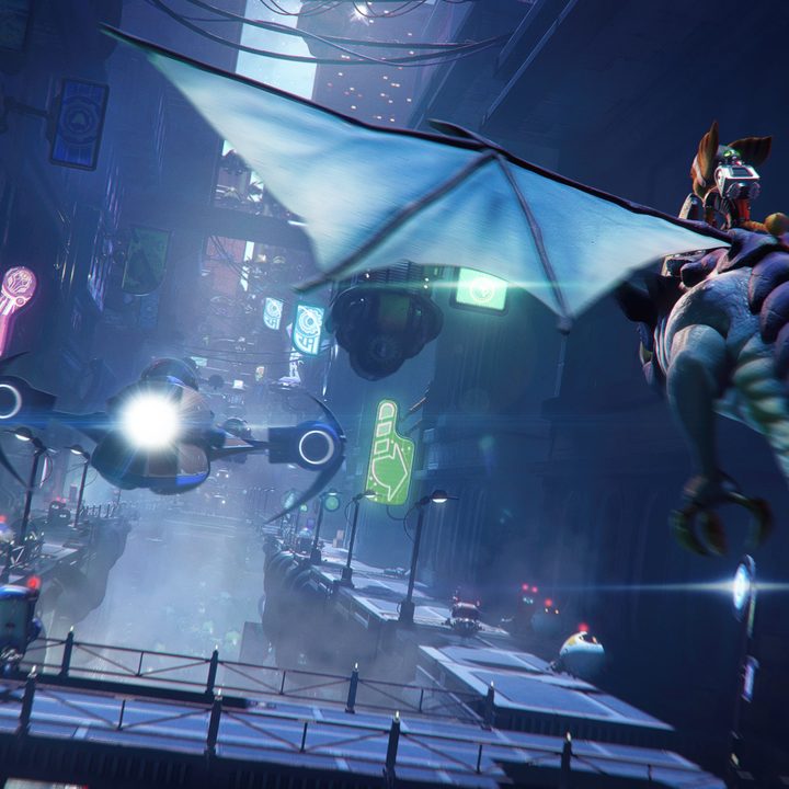 Ratchet flying a dragon in ratchet & Clank Rift Apart.
