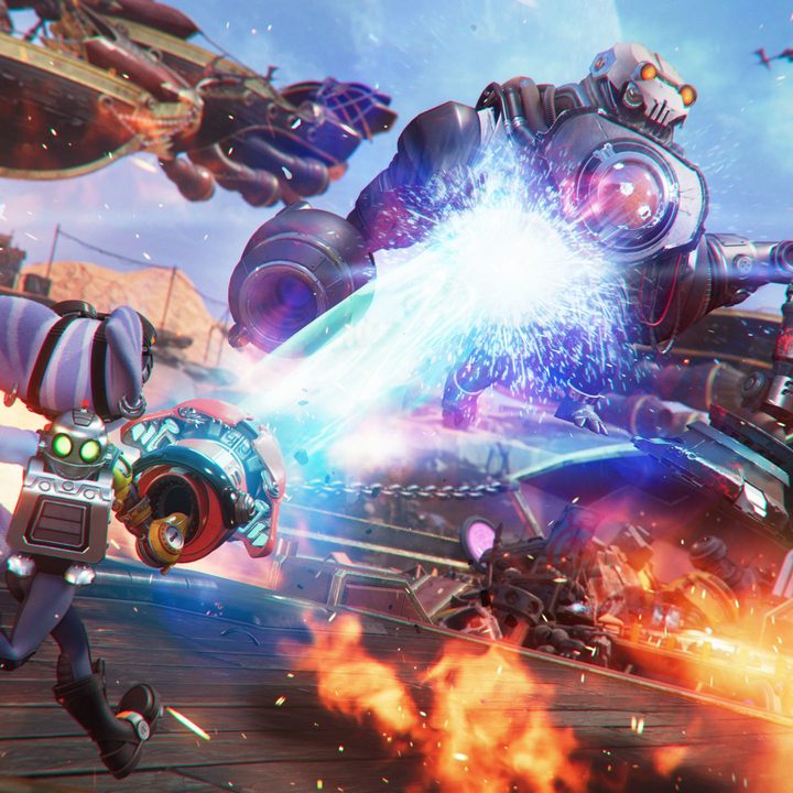 Rivet shoots a robot in Ratchet and Clank: Rift Apart.