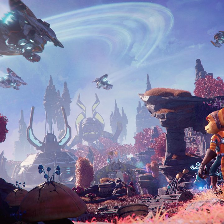 Ratchet looks over a planet in Ratchet & Clank: Rift Apart.
