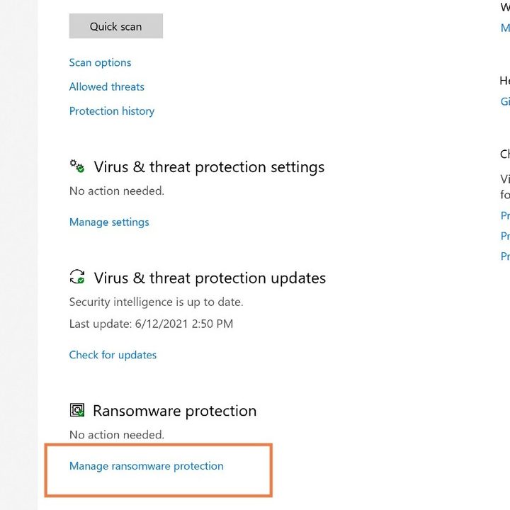 Screenshot showing the Ransomware protection section.
