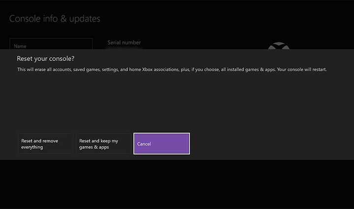Screenshot of Xbox reset options.