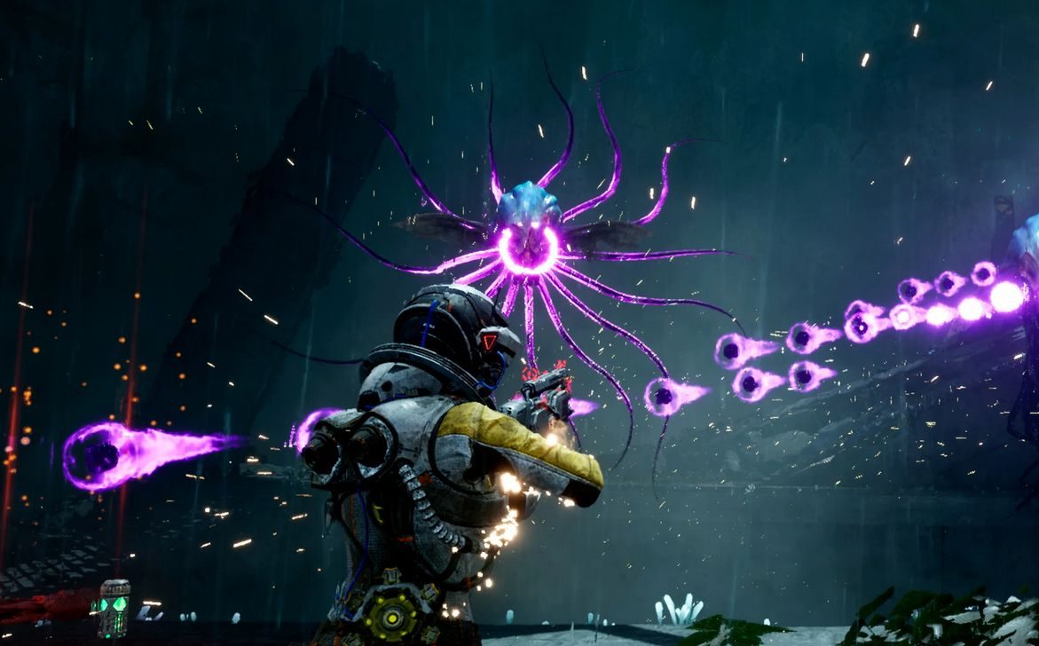 The protagonist from the game Returnal in a space suit posed in front of flag.