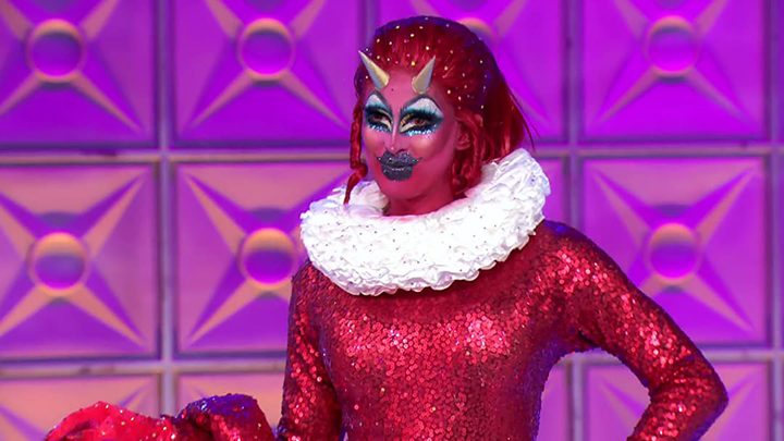 A contestant dressed in drag on RuPaul's Drag Race on Hulu.