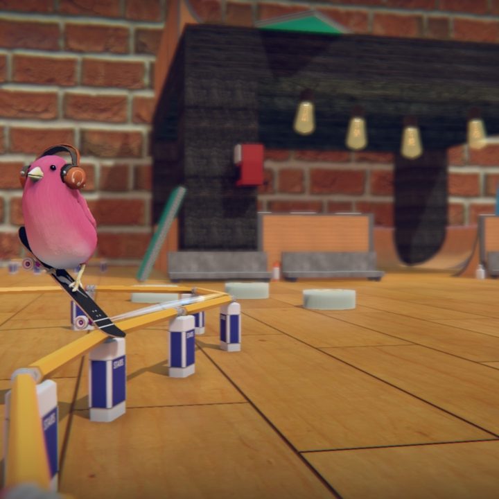 A bird grinds a rail in Skatebird.