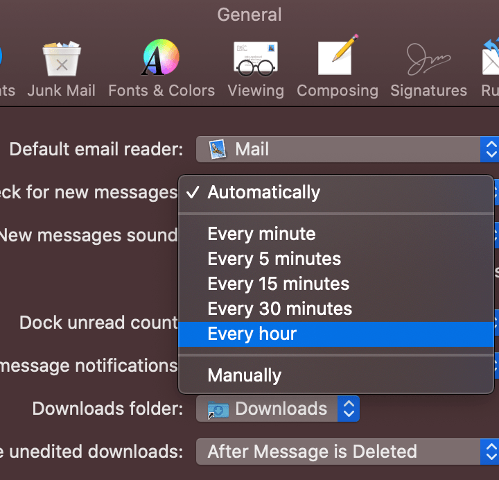 a screenshot of the settings menu in the Mail application for Mac