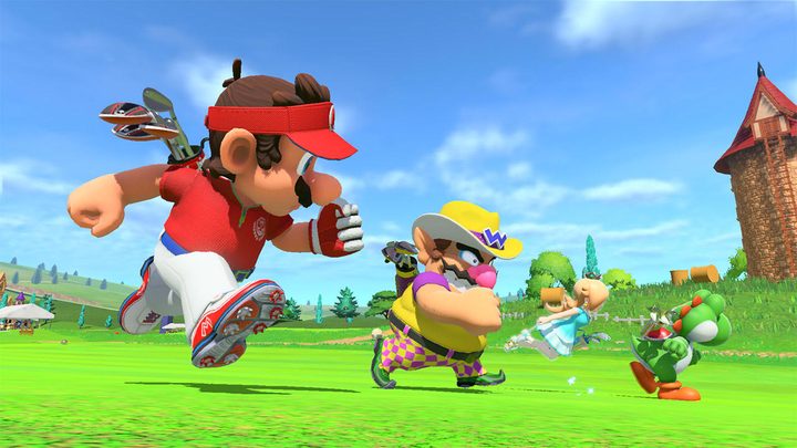 Mario, Wario, and Rosalina run in Mario Golf: Super Rush.