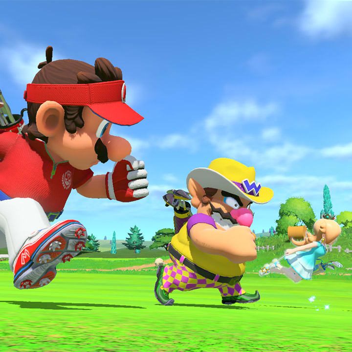 Mario, Wario, and Rosalina run in Mario Golf: Super Rush.