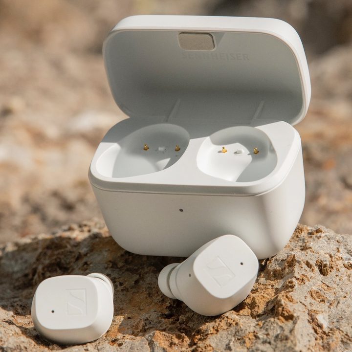 Sennheiser CX True Wireless earbuds in white.