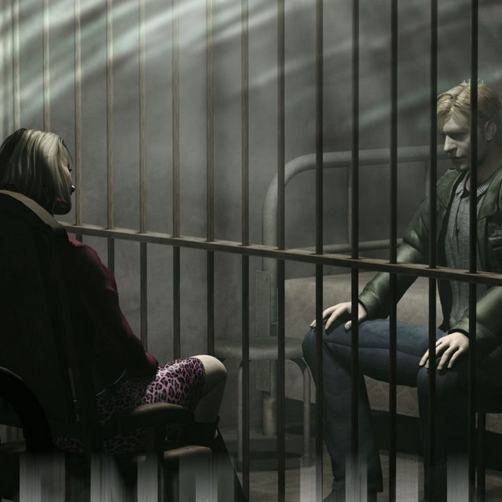 Two characters chat behind bars in Silent Hill 2.