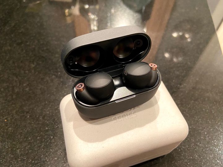 Sony WF-1000XM4 earbuds in their case.