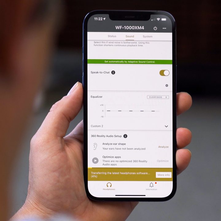 Sony headphone app displayed on an iPhone 12 Pro Max