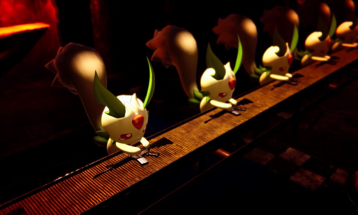 A factory line with monsters making guns in Palworld.