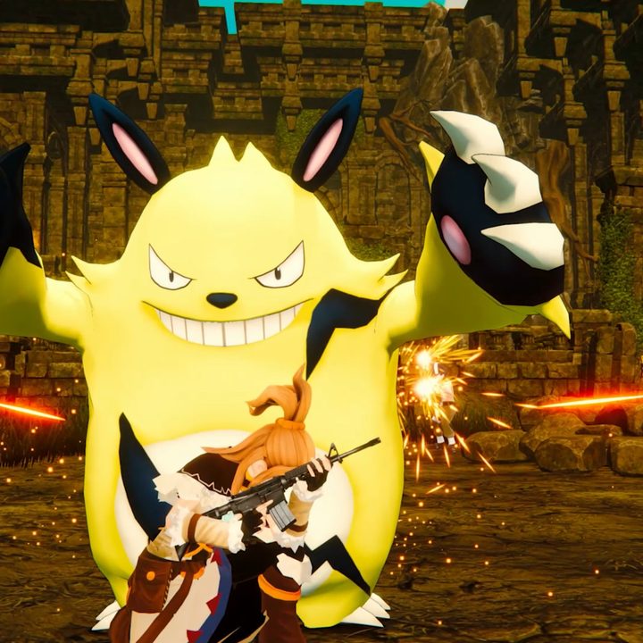 A human uses a monster as a human shield in Palworld.