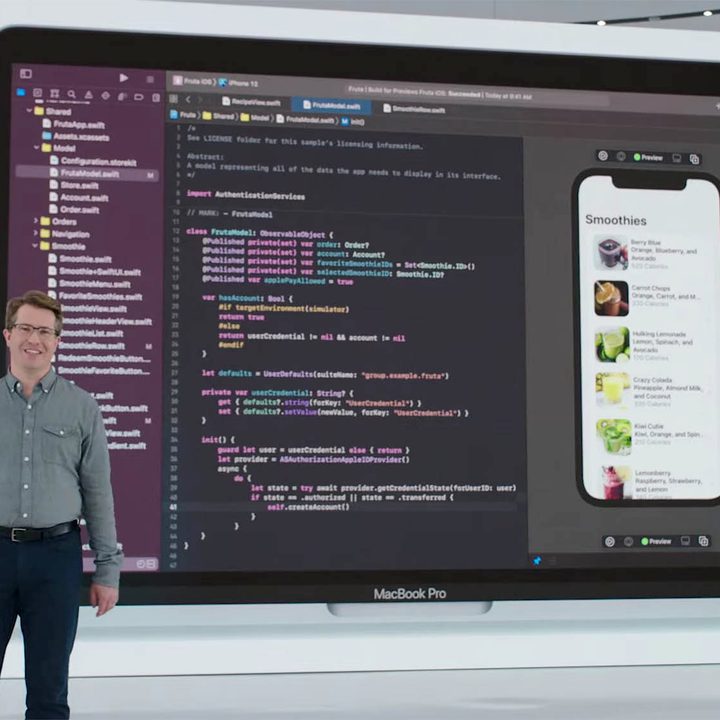 A slide of Xcode running on MacOS Monterey at Apple's WWDC 2021 event