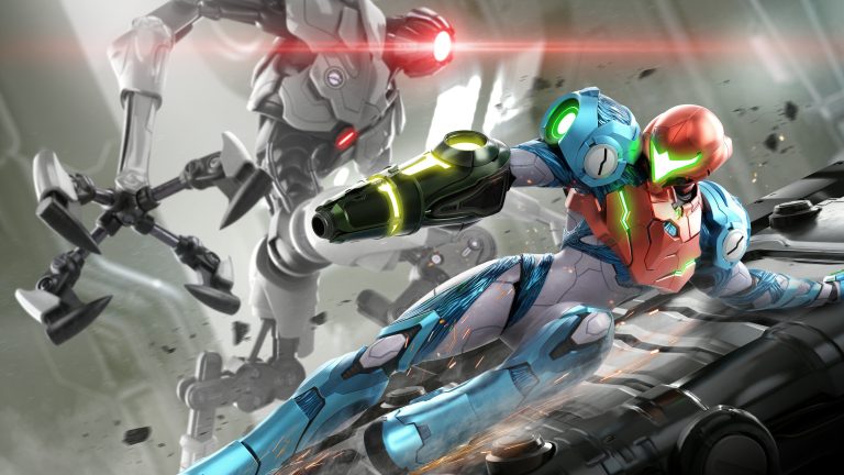 Samus slides away from an EMMI in Metroid Dread.