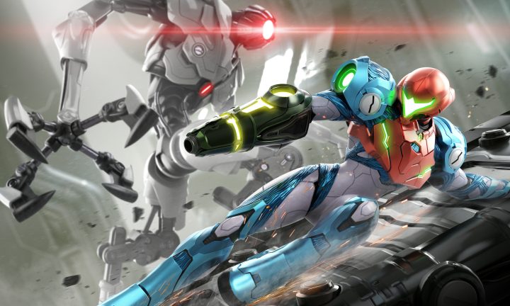 Samus slides away from an EMMI in Metroid Dread.
