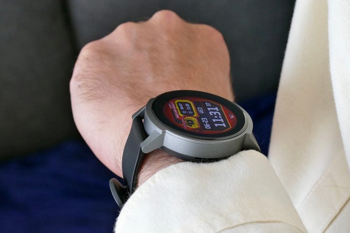 Mobvoi TicWatch E3 on the wrist, seen from the side.