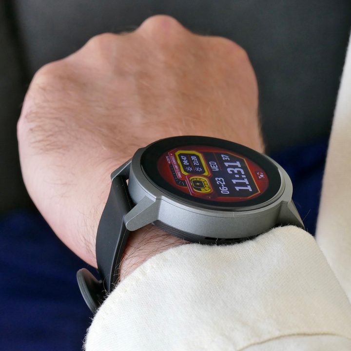 Mobvoi TicWatch E3 on the wrist, seen from the side.