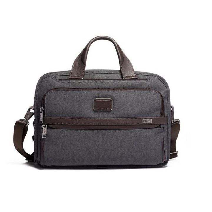 Front side view of the Tumi Triple Compartment Brief laptop briefcase.