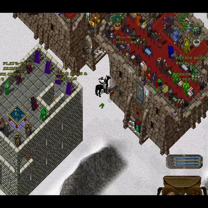 Man on a horse in a snowy town in Ultima Online.