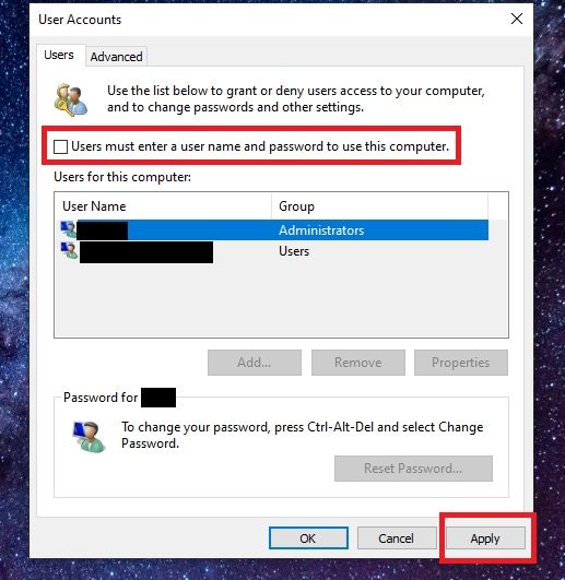 The User Accounts screen in Windows 10 where you uncheck the password requirement box.
