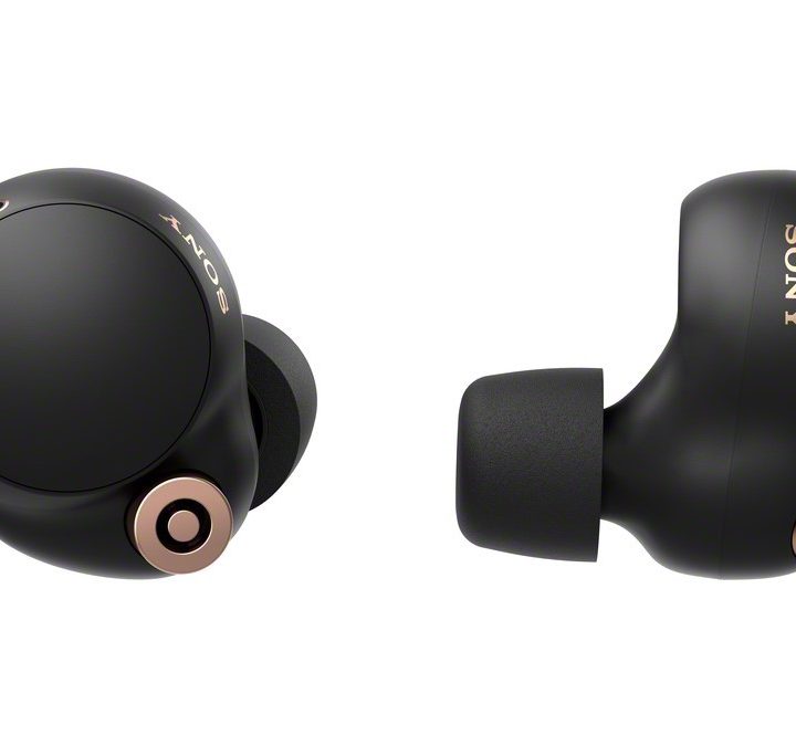 Black Sony WF-1000XM4 earbuds against white background