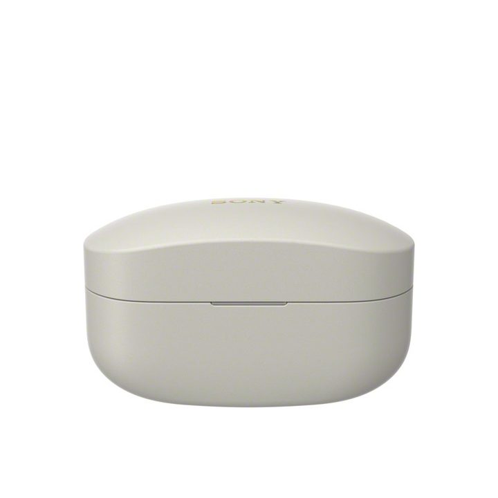 Silver Sony WF-1000XM4 earbud case against white background