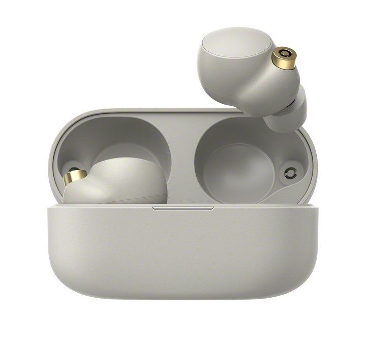 Silver Sony WF-1000XM4 earbuds in case against white background