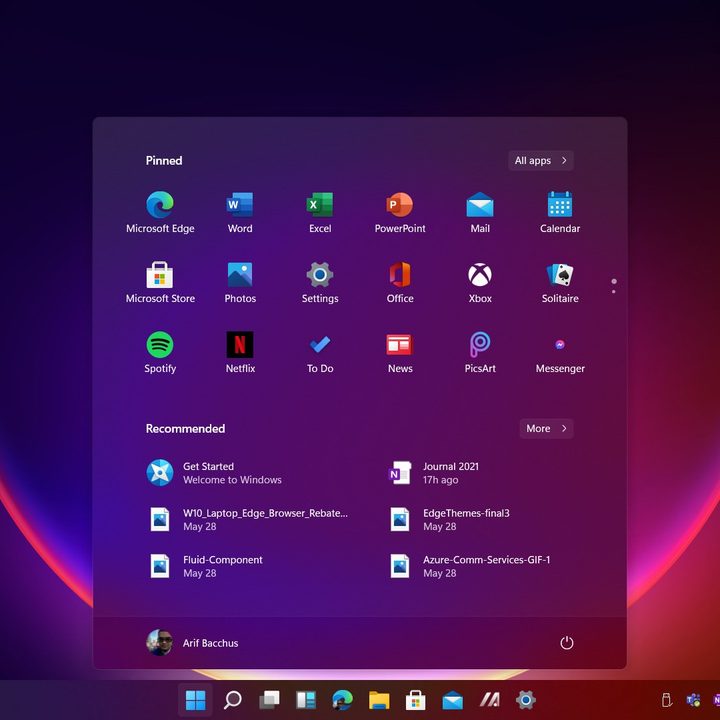 The new centered Windows 10 Start Menu with a red and black background.