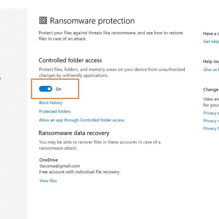 Screenshot showing the Controlled Folder Access feature turned on.