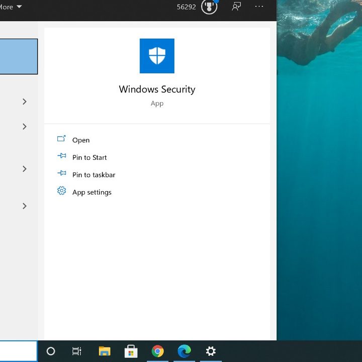 Screenshot showing windows security search.