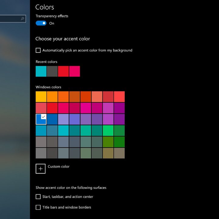Windows 10 Start Menu choosing color accents.