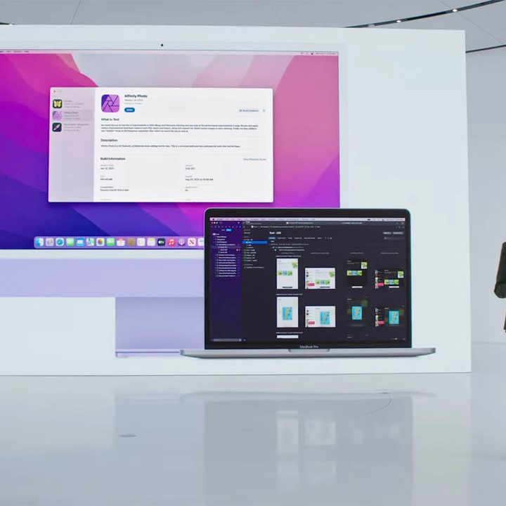 A slide from WWDC 2021 showing Xcode running on an iMac and MacBook Pro