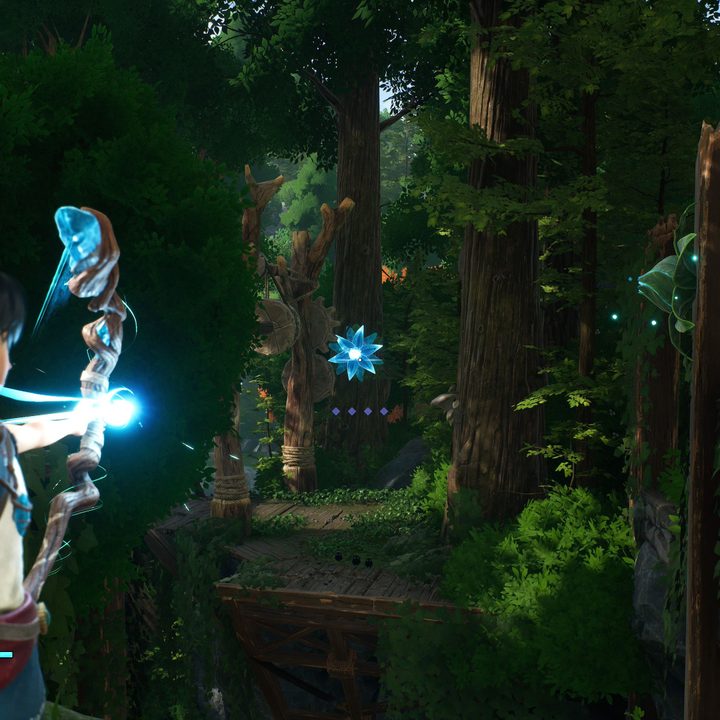 Kena drwas back her bow in Kena: Bridge of Spirits.