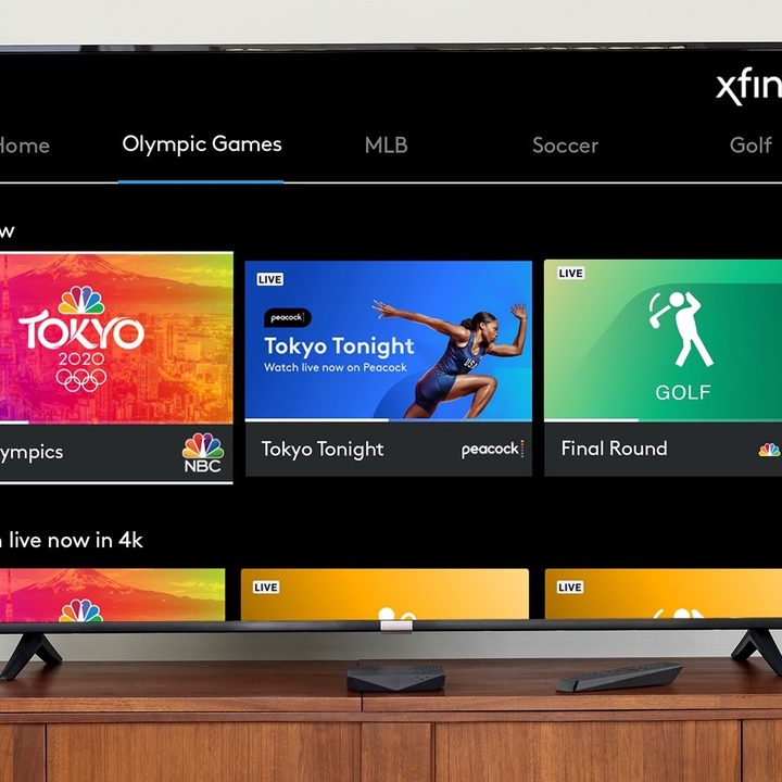 A TV showing the Comcast Xfinity X1 interface for the 2020 Tokyo Games.