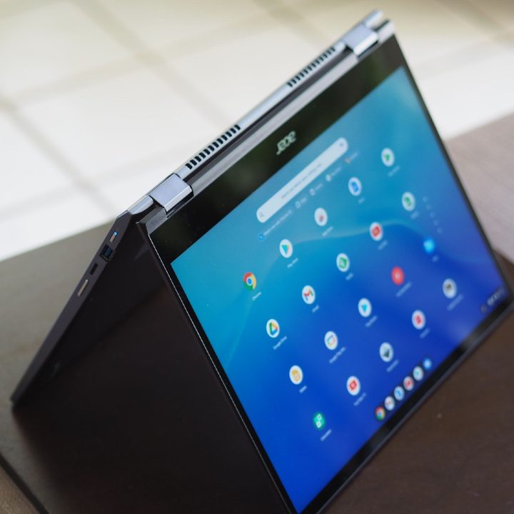 The Acer Chromebook Spin 713 in tent mode.