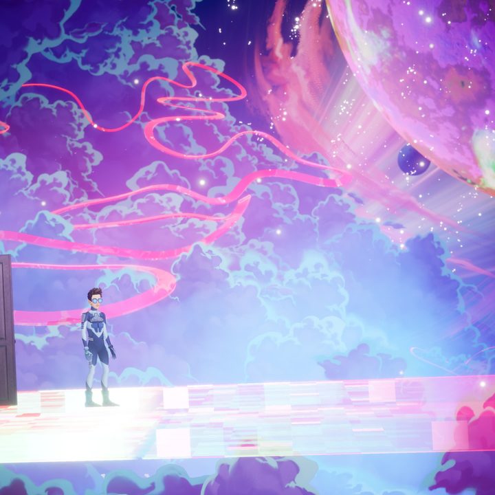 Francis looks out at a colorful sky in The Artful Escape.