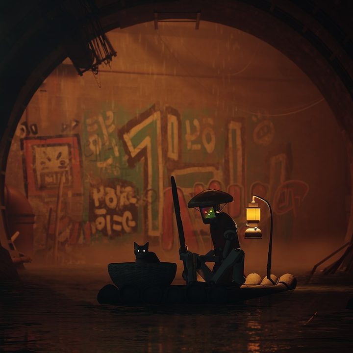 A cat sits in a dark tunnel in Stray.