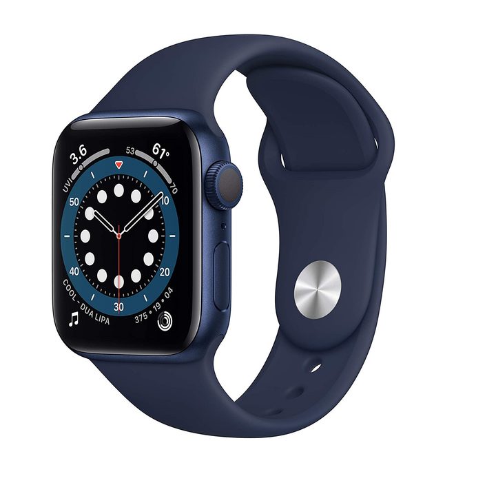 The Apple Watch Series 6 with a blue aluminum case and a deep navy sport band.