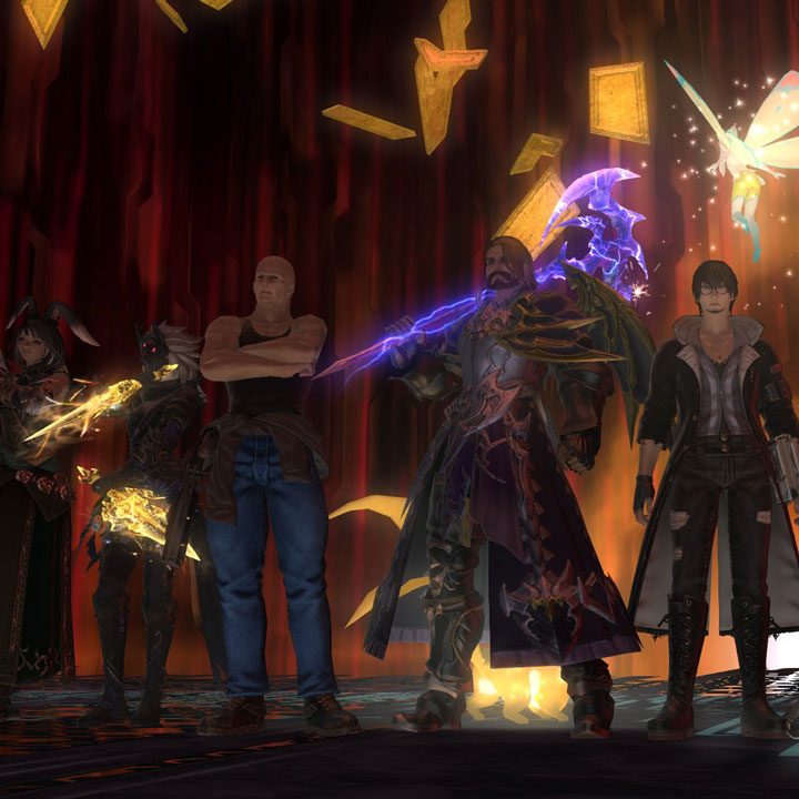 Asmongold posing with his Final Fantasy XIV raid team.